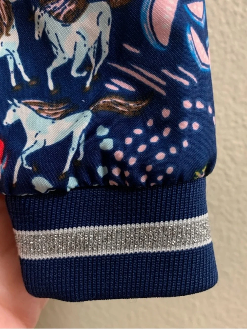 Monsoon Blue Floral Unicorn Silver Sparkle Bomber Jacket Girl’s 3-4 Years.     V